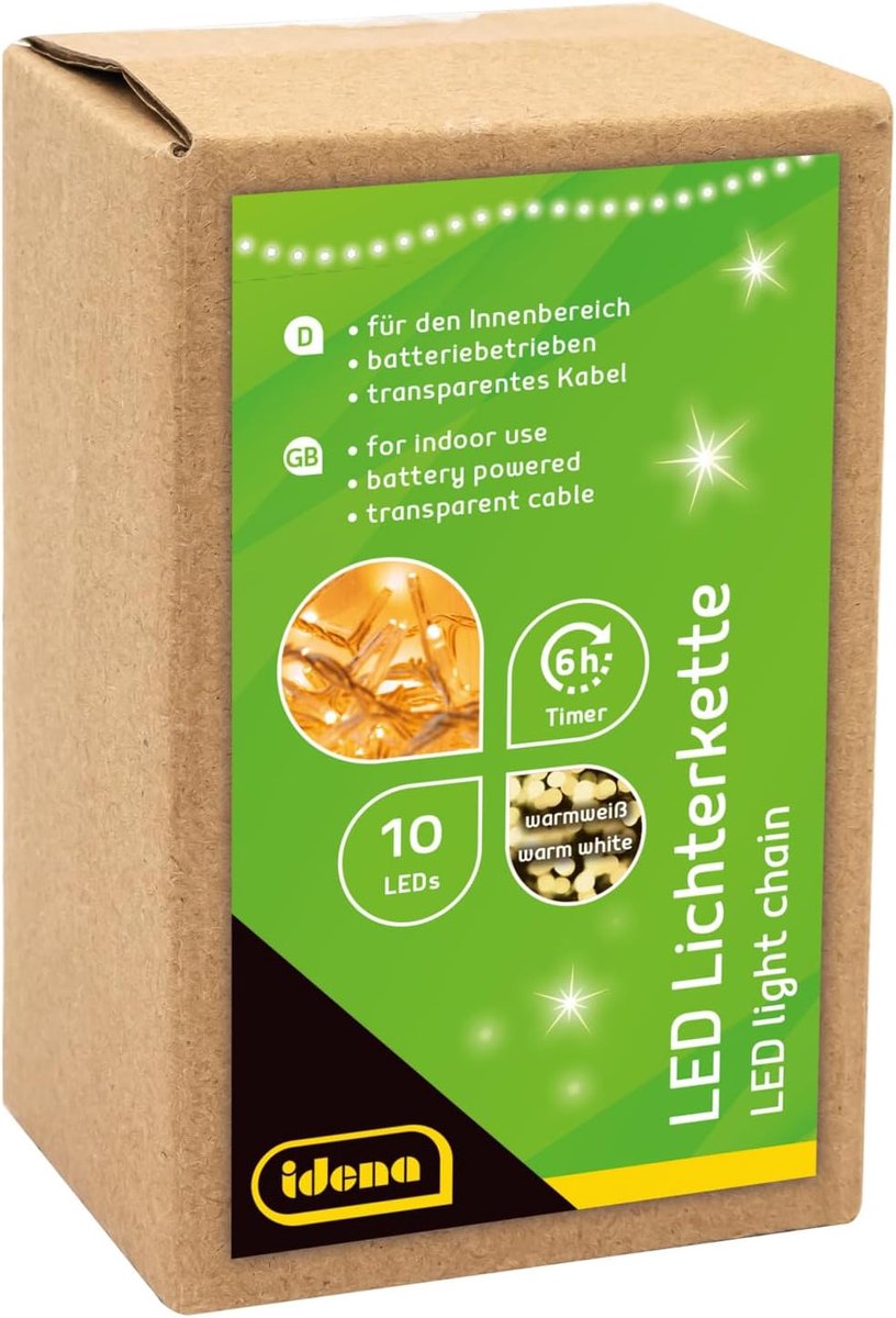 Thijox - LED-lichtketting 1m met 10 warm witte LEDs, 6 uur timerfunctie, batterijvoeding, decoratie voor binnen, feestversiering, kerstdecoratie, knut