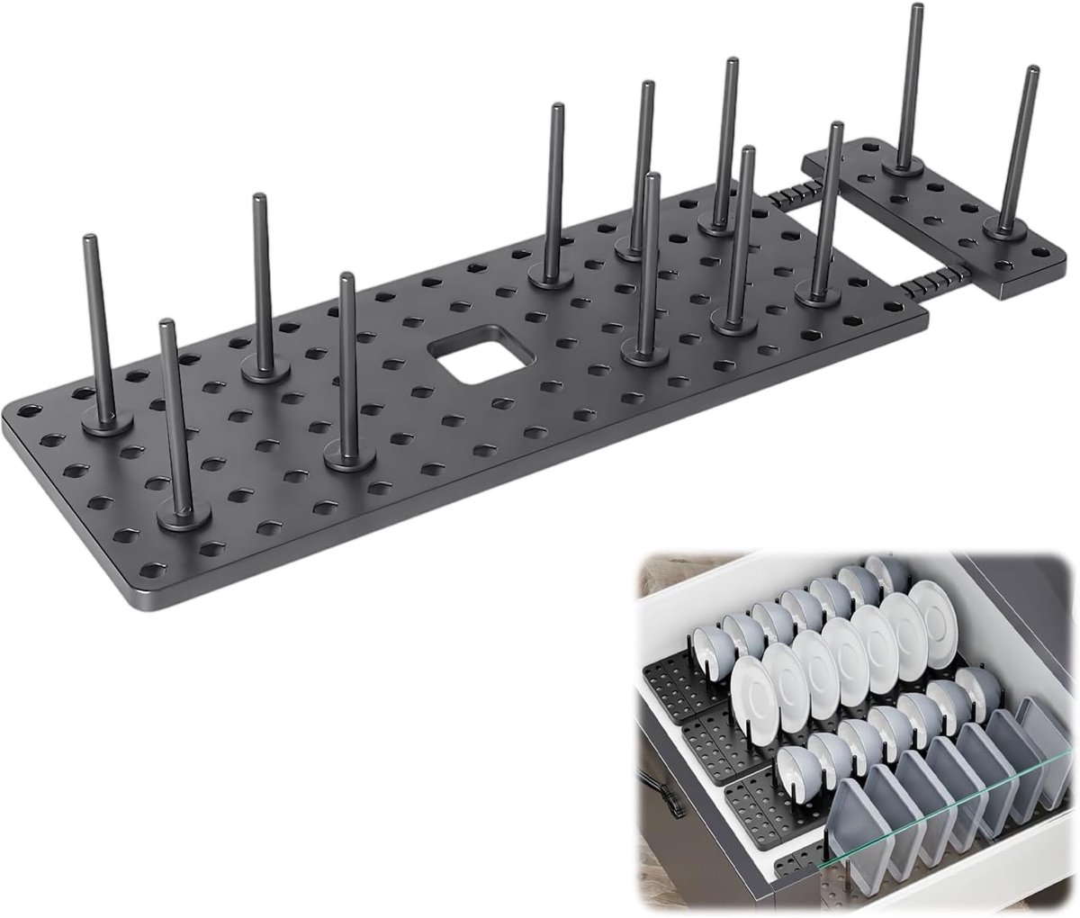 Verstelbare Bordenstandaard met 12 Stangen, Drainer voor Keuken, Panrek voor Borden, Schalen en Bestek, Grijs, 54 x 15 x 10 cm, Kunststof