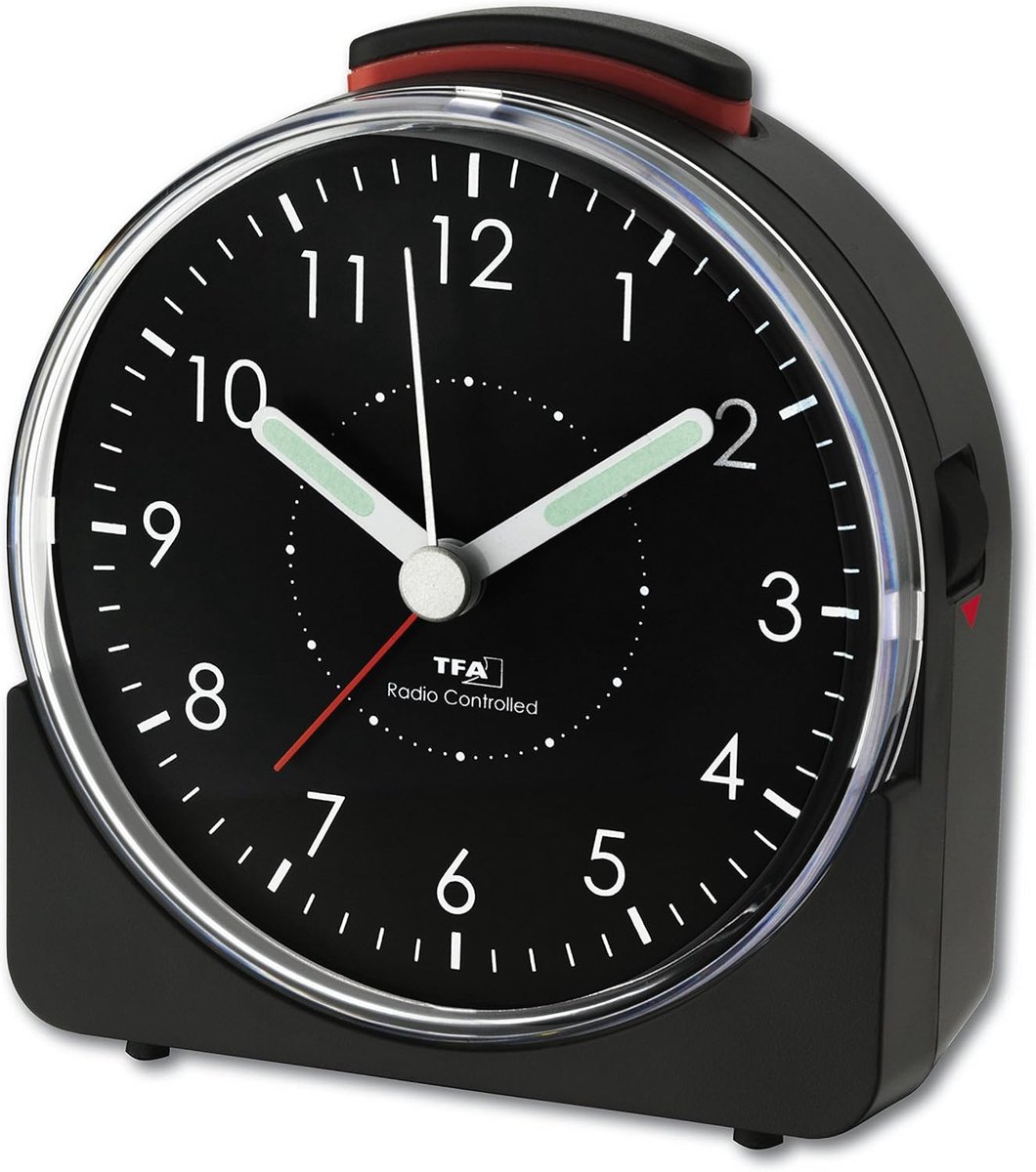 Thijox - Analoge zendergestuurde wekker SUNRISE met stil sweep uurwerk, schermverlichting, lichtgevende wijzers, alarm met snooze-functie, zwart, 102