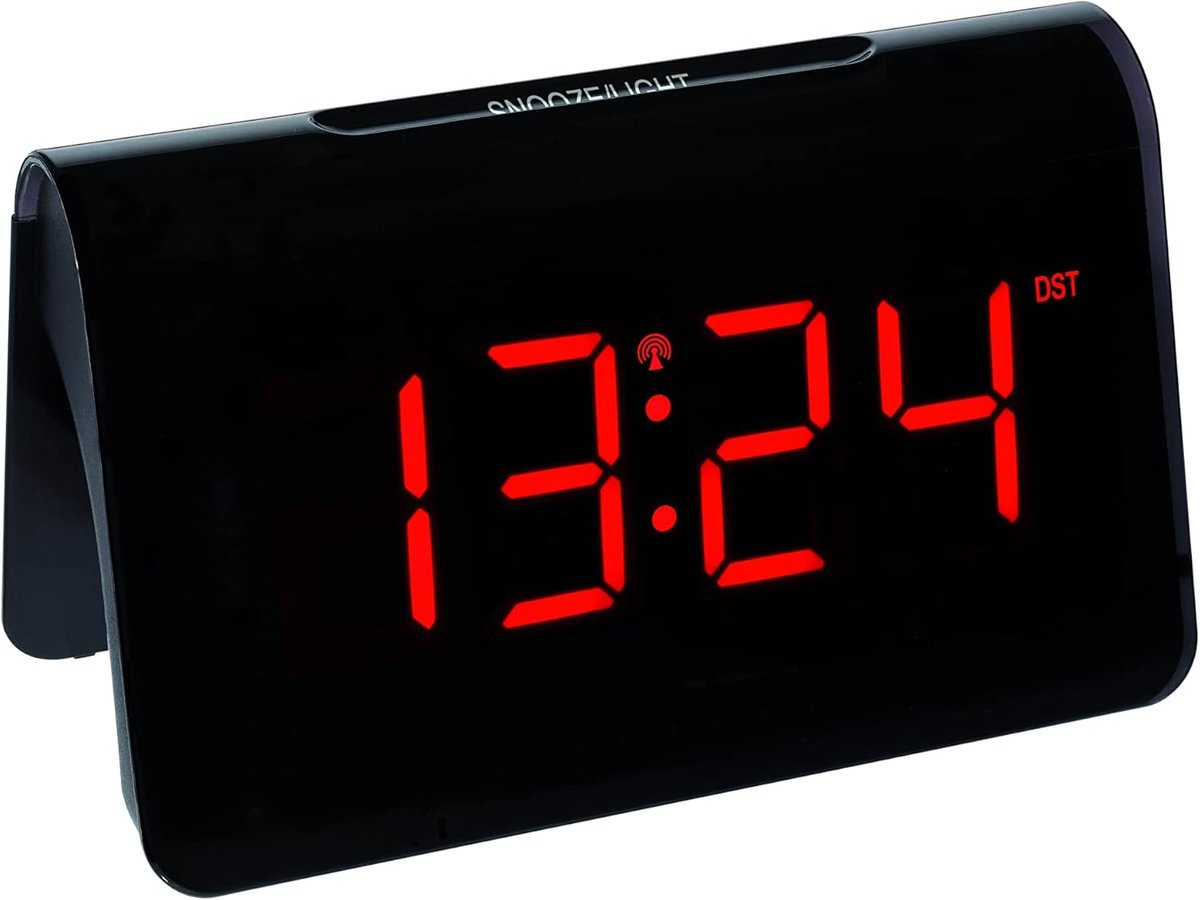 Thijox - Digitale Zendergestuurde Wekker ICON met Grote LED Cijfers, Alarm met Snooze-Functie, Zwart/Rood, DCF 77 Signaal, Ideaal voor Thuis, Slaapkam
