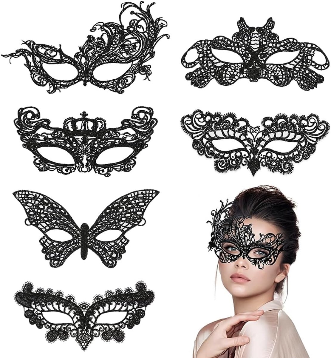 Thijox - Zwart carnavalsmasker 6 stuks, kanten sexy maskers voor dames, verkleedkleding voor Halloween, carnaval, cosplay en gothic feesten