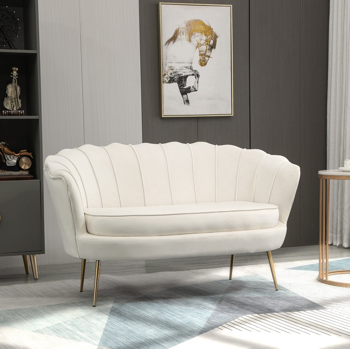 MEUNIQ 2-zits bank 130 x 77 x 77 cm met armleuningen, velourslook en stalen frame, retro loveseat voor woonkamer, werkkamer of slaapkamer, crème