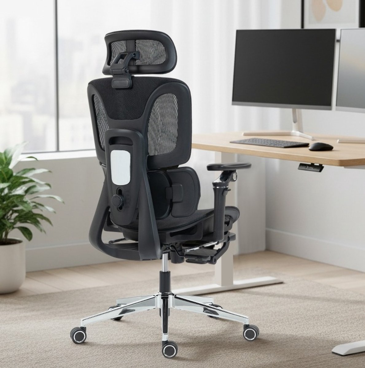 MEUNIQ ergonomische bureaustoel 71 x 67 x 133 cm met verstelbare hoofdsteun, lendensteun, 6D armleuningen, voetsteun, mesh rugleuning en 135° kanteling