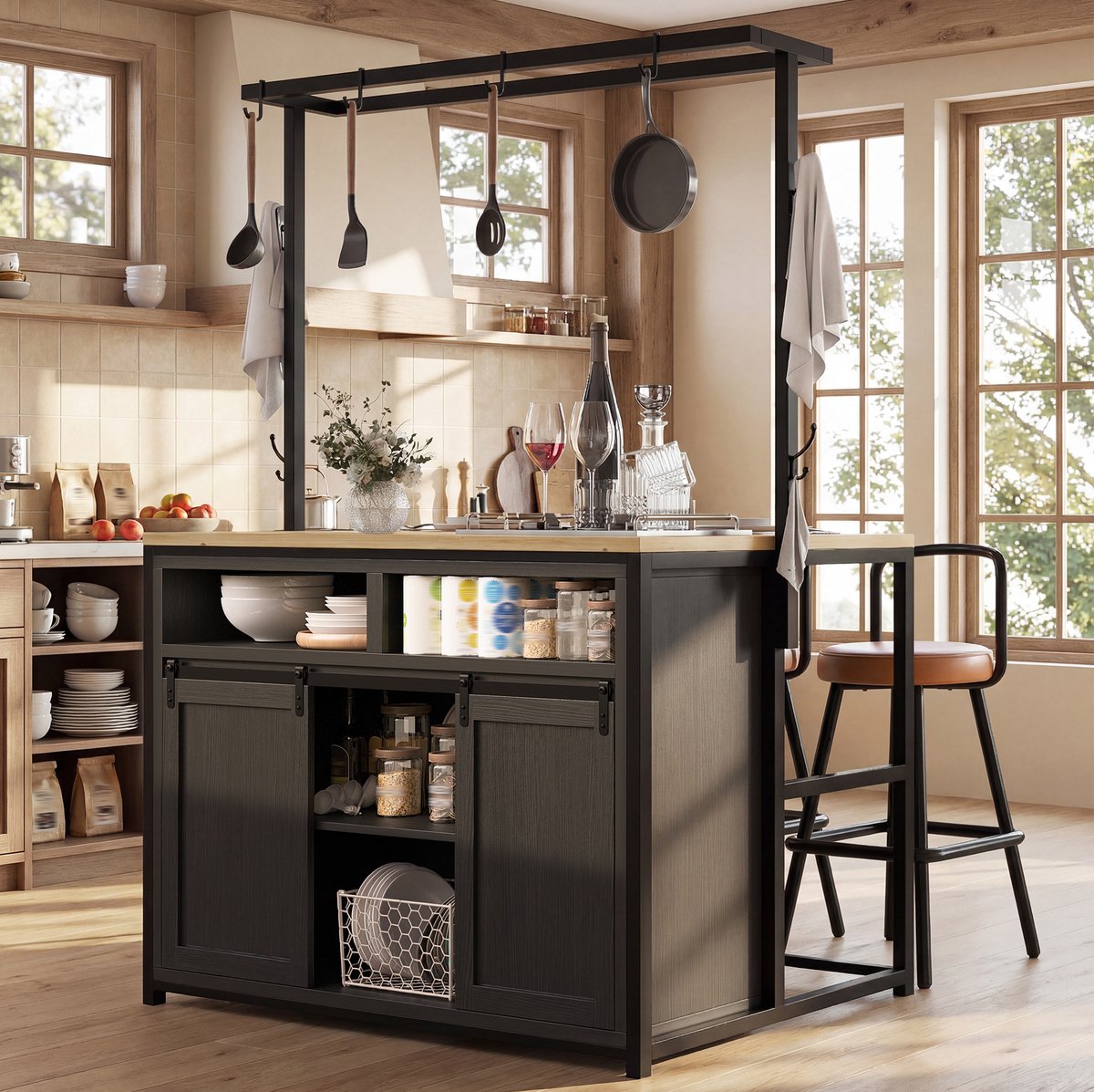 HAUSS SPOLE Keukenmeubelset Keukeneiland Met 2 Barstoelen In Zwarte Houtlook Met Stopcontact En Usb Voor Keuken En Eetkamer MDF Metaal 107x62x183 Cm