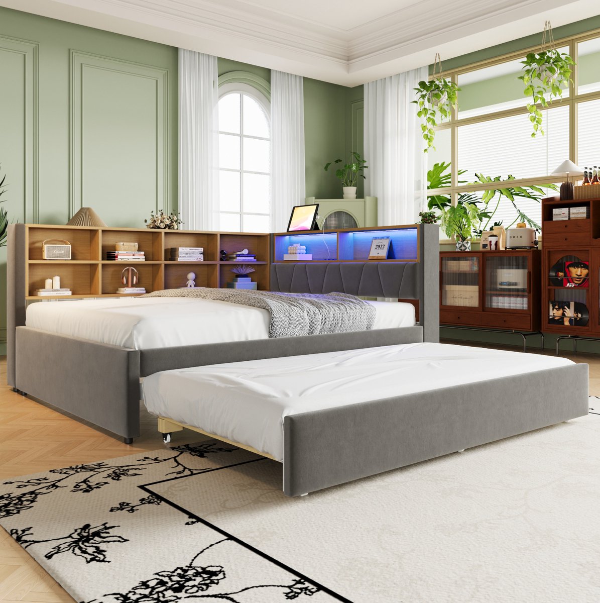 MEUNIQ multifunctioneel slaapbankbed 140 x 200 cm met uitrolbed 90 x 190 cm, LED-verlichting, oplaadpunten en veel opbergruimte, donkergrijs