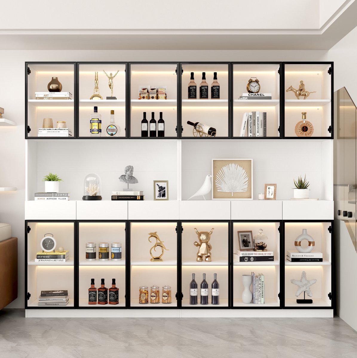 MIVRAY Vitrinekast - Glazen Boekenkast Met LED En Verstelbare Planken - Voor Woonkamer, Slaapkamer En Kantoor - Wit - 120x36x200 Cm