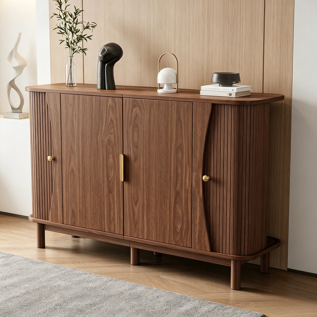 KOMHTOM Dressoir - Walnoot - 140x40x88 cm - 2 Schuifdeuren - MDF - Opbergkast Woonkamer Hal - Commode met Afgeronde Randen - Modern Design - Belastbaar tot 60 kg
