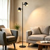 NETTLIFE Vloerlamp E14 - 2-Lichts - Zwart & Goud - Vintage Industrieel Design - met Voetschakelaar - 350° Draaibaar - 145 cm- voor Woonkamer | Slaapkamer | Studie - zonder Lichtbron