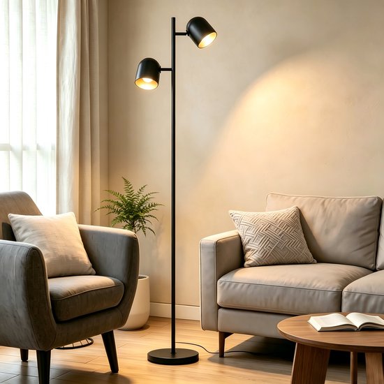 NETTLIFE Vloerlamp E14 - 2-Lichts - Zwart & Goud - Vintage Industrieel Design - met Voetschakelaar - 350° Draaibaar - 145 cm- voor Woonkamer | Slaapkamer | Studie - zonder Lichtbron