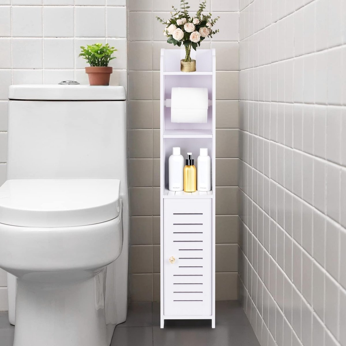 Toiletpapierhouder Stand voor Badkamer, Kleine Opbergkast met Deuren en Planken, Slimme Multi-laags Opbergrek voor Hoekruimtes en Kleine Badkamers - Wit