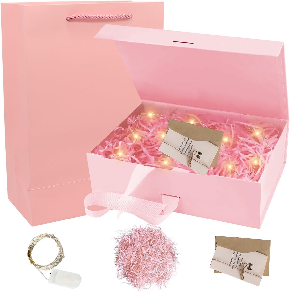 Dailygoods - Geschenkdoos 21 x 17 x 7 cm, geschenkdoos met deksel, geschenkdoos met strik + kaart + tas + knutselen + licht, magnetische geschenkdoos, geschenkverpakking voor bruiloft, Kerstmis, verjaardag