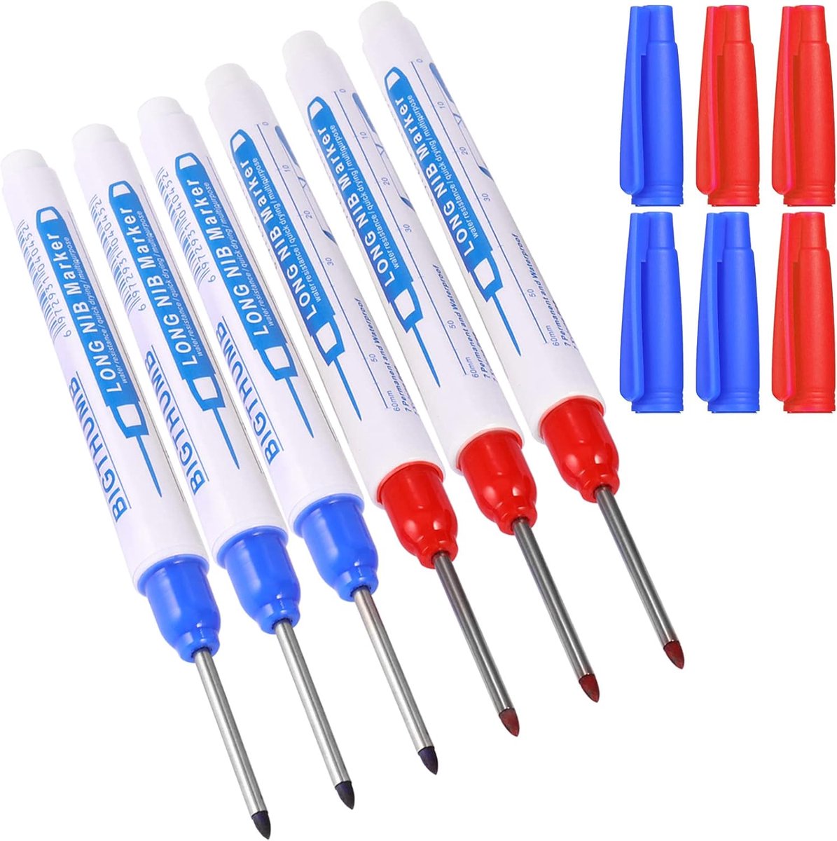 Thijox - 6 Stuks Diepgatmarker Carpenters Pen met 30 mm Extra Lange Fijne Punt - Permanente Markeerstiften voor Moeilijk Bereikbare Plaatsen - Blauw R