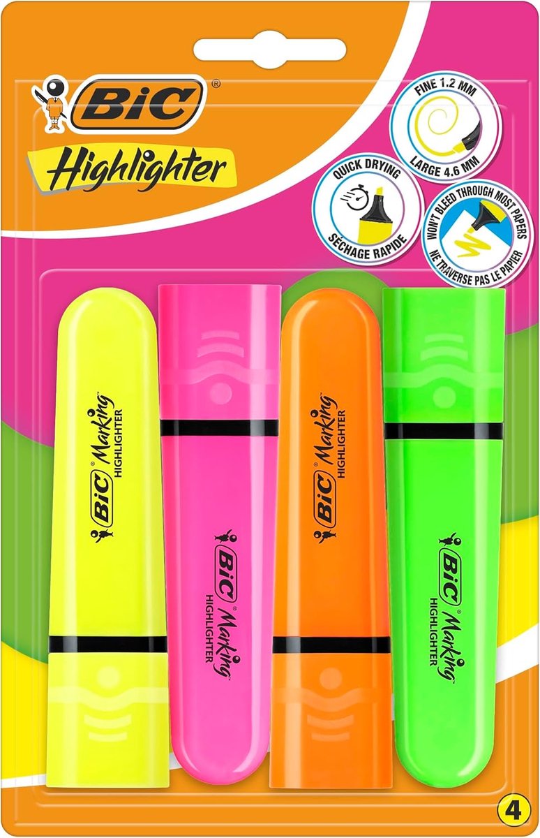 SnelShoppen - Set van 4 Markeerstiften Highlighters in Geel, Oranje, Roze en Groen - Waterbasis, Sneldrogende Inkt voor School, Werk en Creatieve Proj
