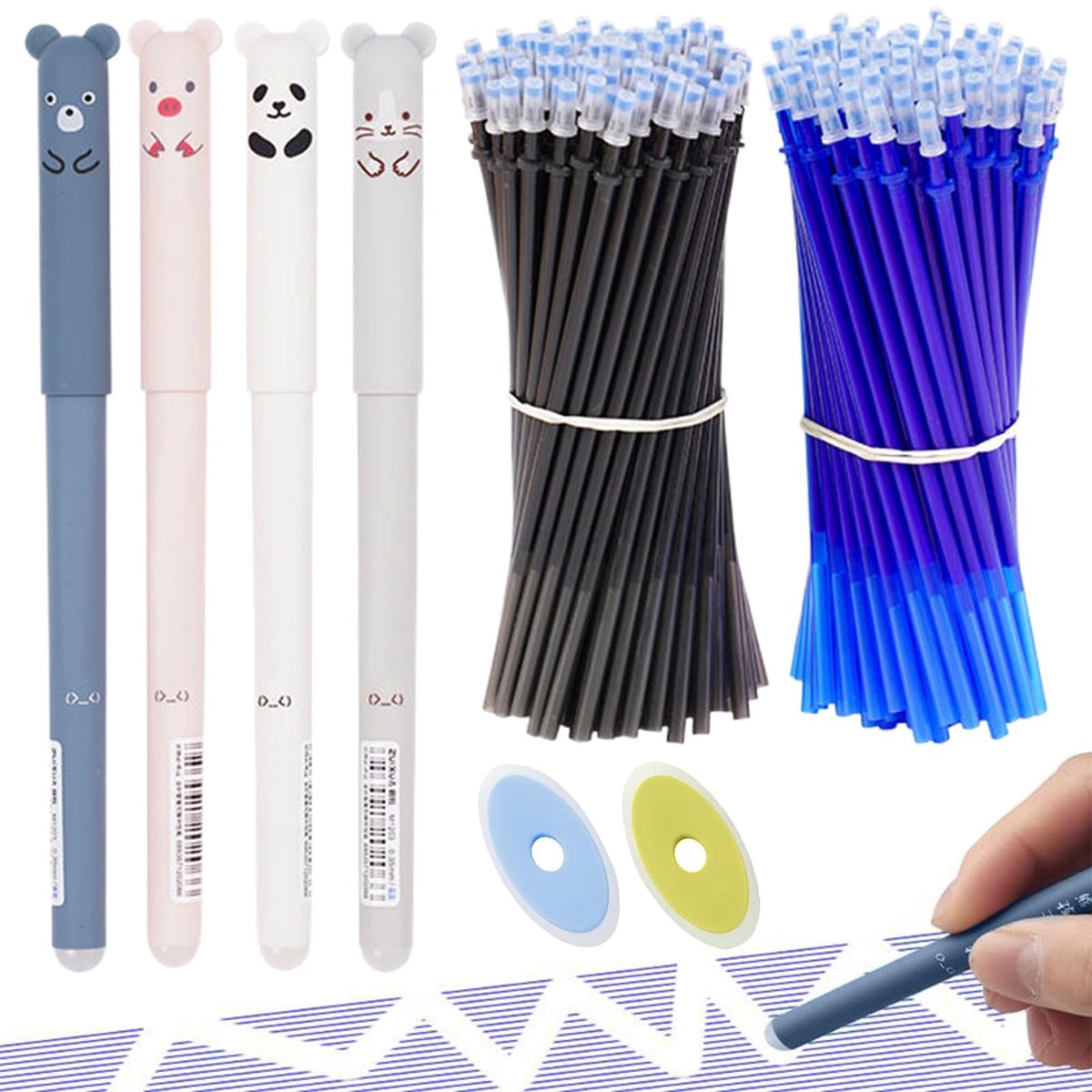 Dailygoods- Uitwisbare Balpen 0,5 mm - 4 Stuks - Gelstiften - Cartoonvormen - 40 Navullingen - Uniek Ontwerp - Gelpen