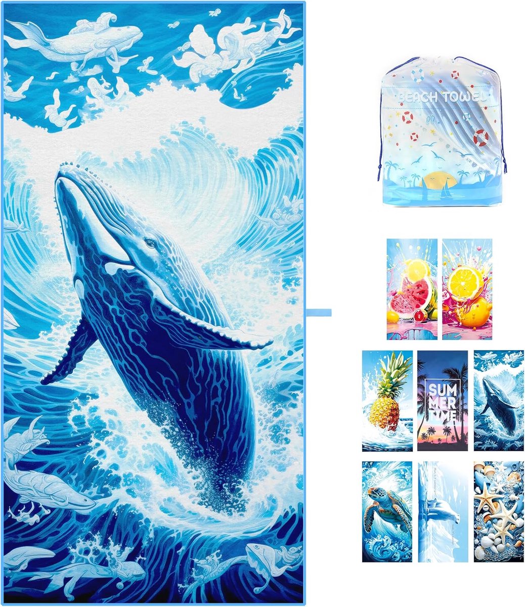 Thijox - Strandlaken 180 x 90 cm, XXL Microvezel Strandhanddoek, Sneldrogend, Zandafstotend, Ideaal voor Zwemmen, Strand, Reizen, Walvis Motief