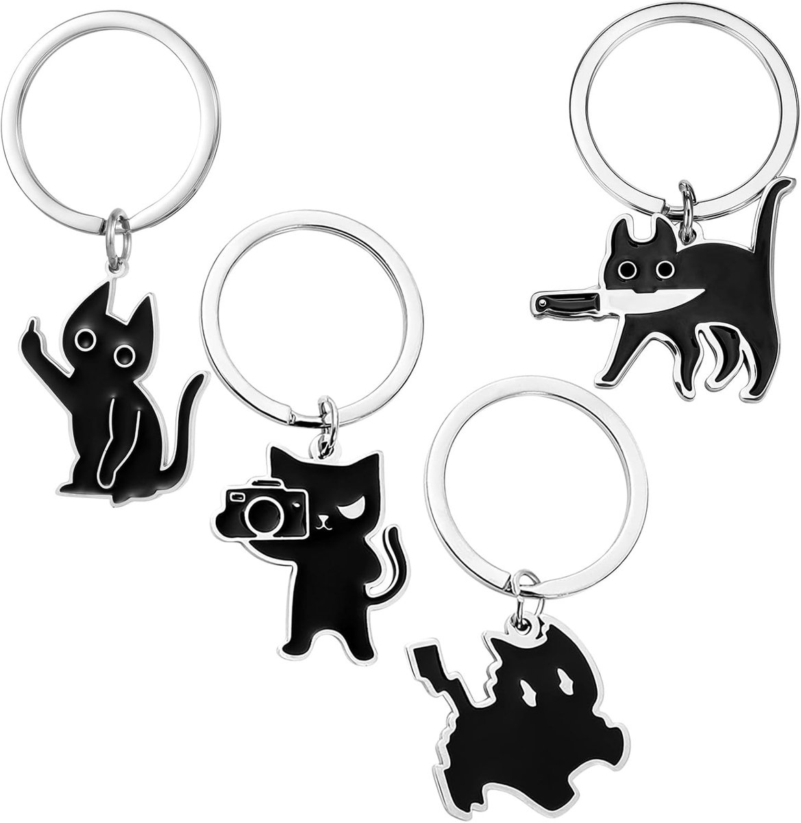 Thijox - 4 Stuks Schattige Kattensleutelhangers - Roestvrijstalen Sleutelhanger met Zwarte Kat Design - Grappig Cadeau voor Meisjes en Vrouwen - Perfe