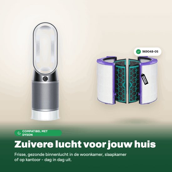 Dyson luchtreiniger naast een wit HEPA-filter met paarse randen en turquoise binnenwerk. Zuivere lucht voor je huis.