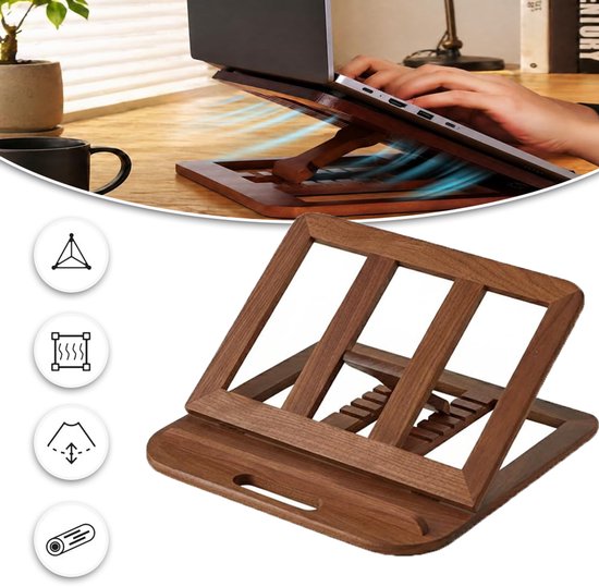 Support d'ordinateur portable en bois en cours d'utilisation, indiquant la ventilation et les angles réglables. Comprend un support pliable.