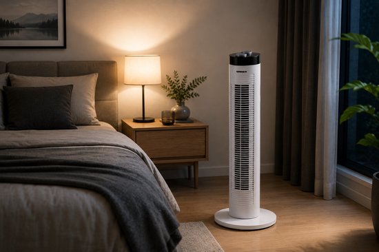 Witte torenventilator van Termozeta in een slaapkamer, naast een bed en nachtkastje.