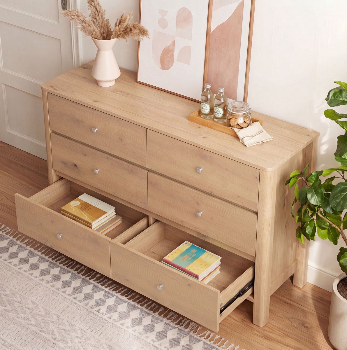 MIVRAY Dressoir - Zes Lades Met Veel Opbergruimte - Voor Woonkamer Slaapkamer En Hal - Spaanplaat In Eikenkleur - 120x40x80 Cm