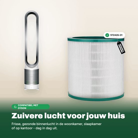 Dyson luchtreiniger naast een cilindrisch HEPA-filter met groene randen, PROSPEX-label en 972426-01-modelnummer.