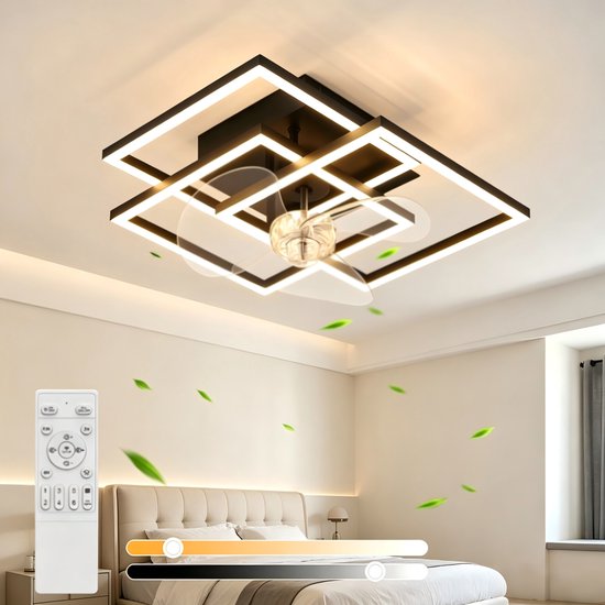 Moderne zwarte plafondventilator met verlichting, 6 snelheden, afstandsbediening en instelbare kleurtemperatuur in slaapkamer