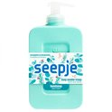 Turquoise Seepje handzeep fles met pompdispenser. De wikkel heeft een illustratie van groen gebladerte en bloemen.