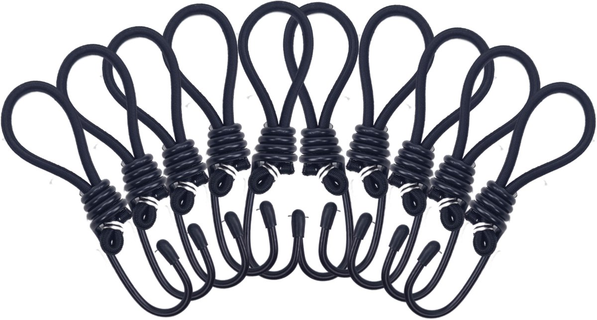 BCF-Products Spanelastiek met haak - Bagagespin - 10 Stuks - Zwart - 155mm - Spanrubbers - Zeilspanner - Tentspanner