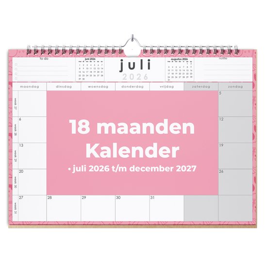 Een kalender met '18 maanden kalender - juli 2026 t/m december 2027' in grote roze letters op een roze achtergrond. De onderkant heeft een roze patroon.