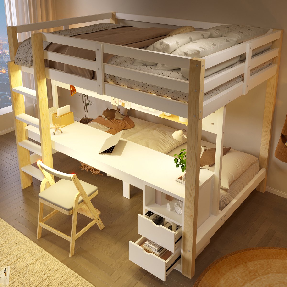STILVORA Hoogslaper 140x200 cm En 90x200 cm – Met Bureau, Lades En Opgangbord – LED-Verlichting – Voor Kinderkamer – Wit/Naturel – Zonder Matras