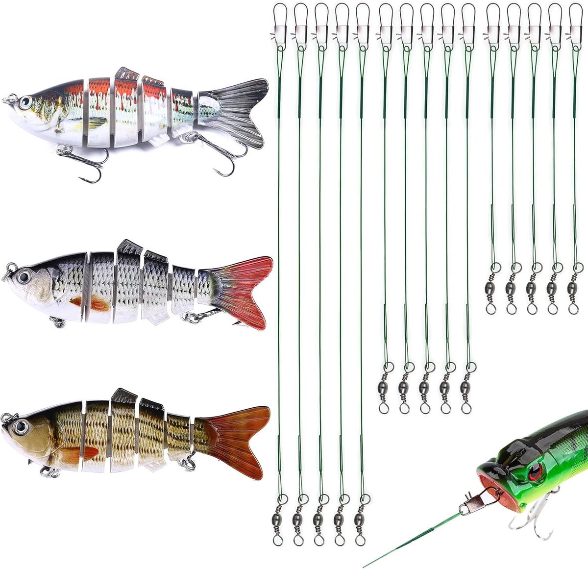 Haakaas set van 3 met meerdere gewrichten, 3D-kunstaas wobbler voor zoet en zout water, ideaal voor vissen en sportvissen, 15/23/30 cm