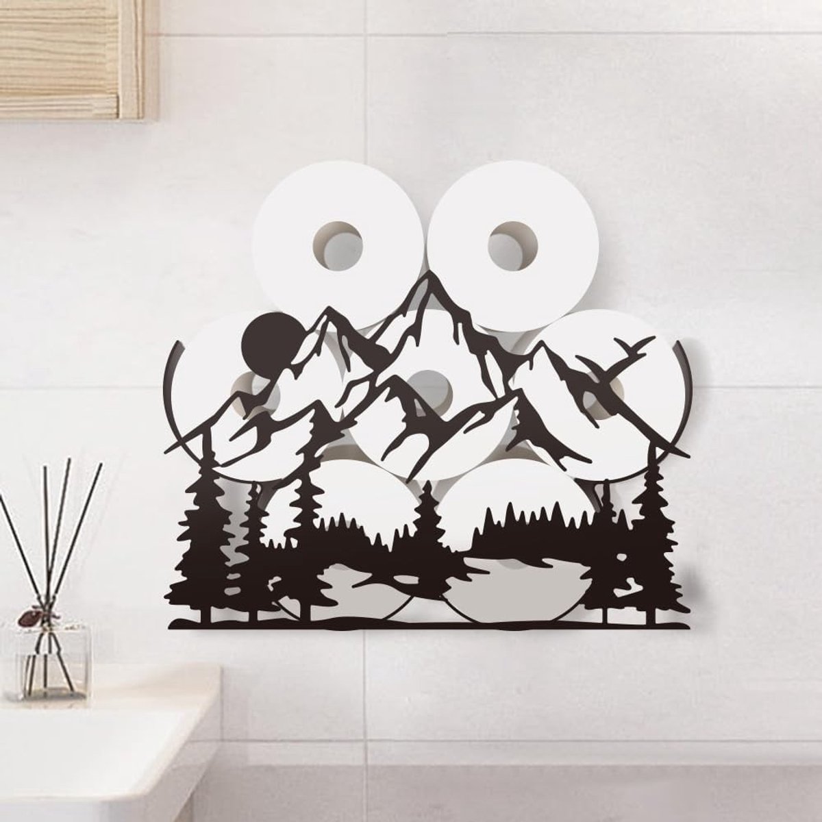 Bergbos Toiletpapierhouder met Plank - Wandmontage Toiletpapieropslag voor 8 Rollen - Stijlvolle Badkamer Organizer en Decoratie
