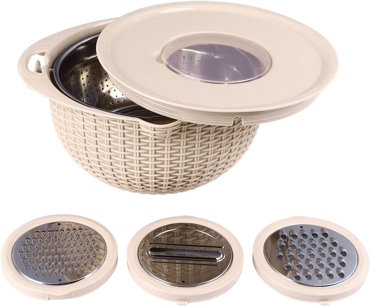 4-in-1 Colander Set met Mengkom, Voedselzeef, Snijgereedschap en Draaischijf voor Salades, Fruit en Groenten