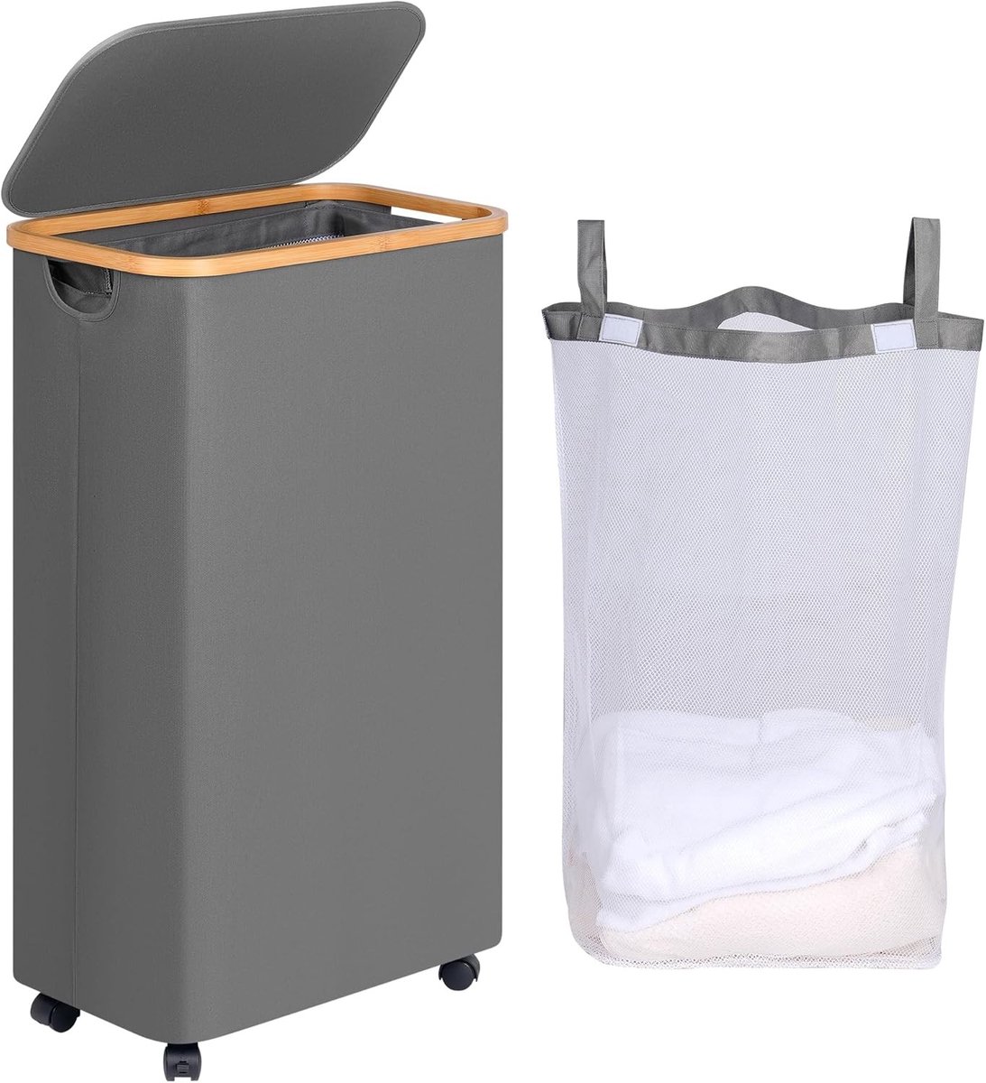 Slimme Vouwbare Wasmand met Wielen en Deksel, 75 Liter, Ideaal voor Badkamer en Slaapkamer, Inclusief Afneembare Tas en Bamboe Handvatten