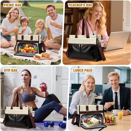 Lunchtas voor dames, 15,6 inch laptoptas, met geïsoleerd lunchvak, 2-in-1 zakelijke tas, met gekoeld vak, waterdichte werktas, geschikt voor op kantoor, school en leraren (zwart en wit) — afbeelding 5
