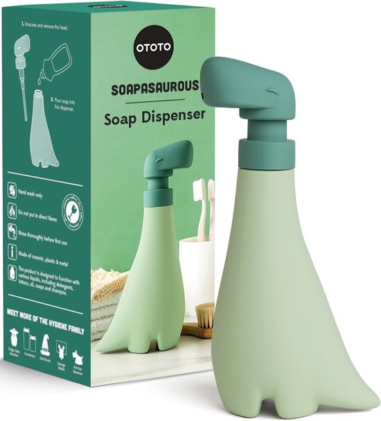 Ototo Soapasaurus zeepdispenser, lichtgroen, met instructies op de verpakking.