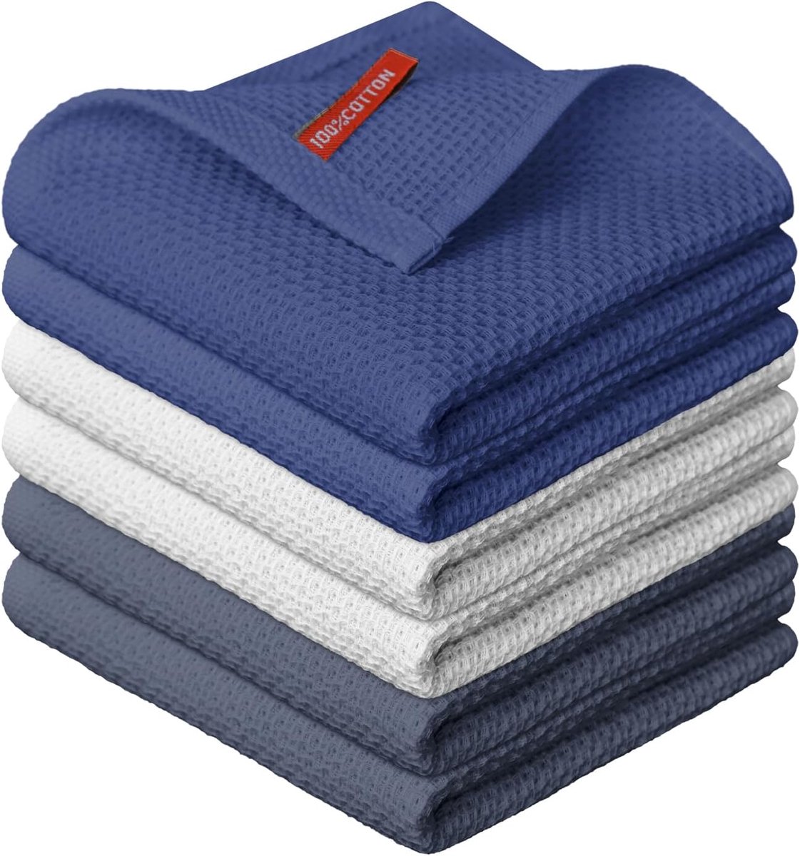 Thijox - Wafeltheedoeken Set van 6 - Donkerblauw, Lichtgrijs, Donkergrijs - 100% Katoen - Absorberende Keukendoeken 30x30 cm - Ideaal voor Keuken en C