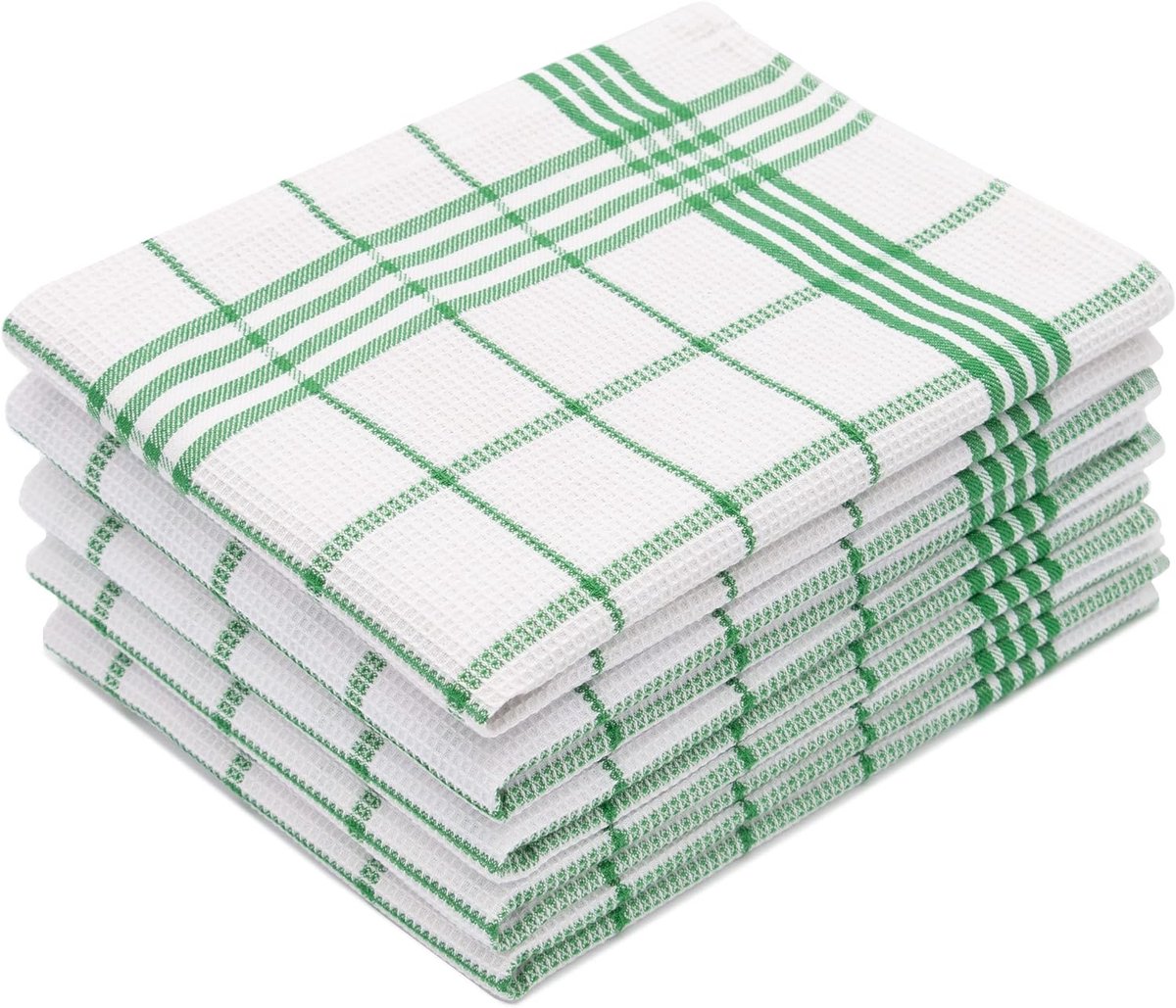 SnelShoppen - Set van 5 Absorberende Theedoeken met Wafelpatroon, Katoen, 50 x 70 cm, Wit-Groen Geruit, Keuken Doeken, Oeko-Tex® Gecertificeerd, Wasba