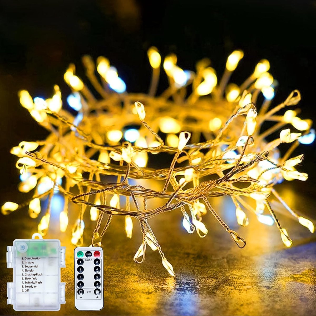 Thijox - Led-lichtslingers op batterijen 6 m met 200 LEDs, waterdichte koperdraad slingerverlichting voor binnen/buiten, 8 modi kerstverlichting voor