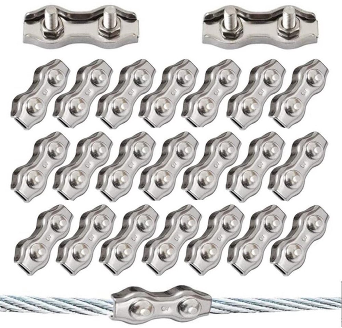 20 Stuks Duplex Klemmen voor M3 Kabel - Roestvrijstalen Klemmen voor 3mm Touw en Kabelbevestiging