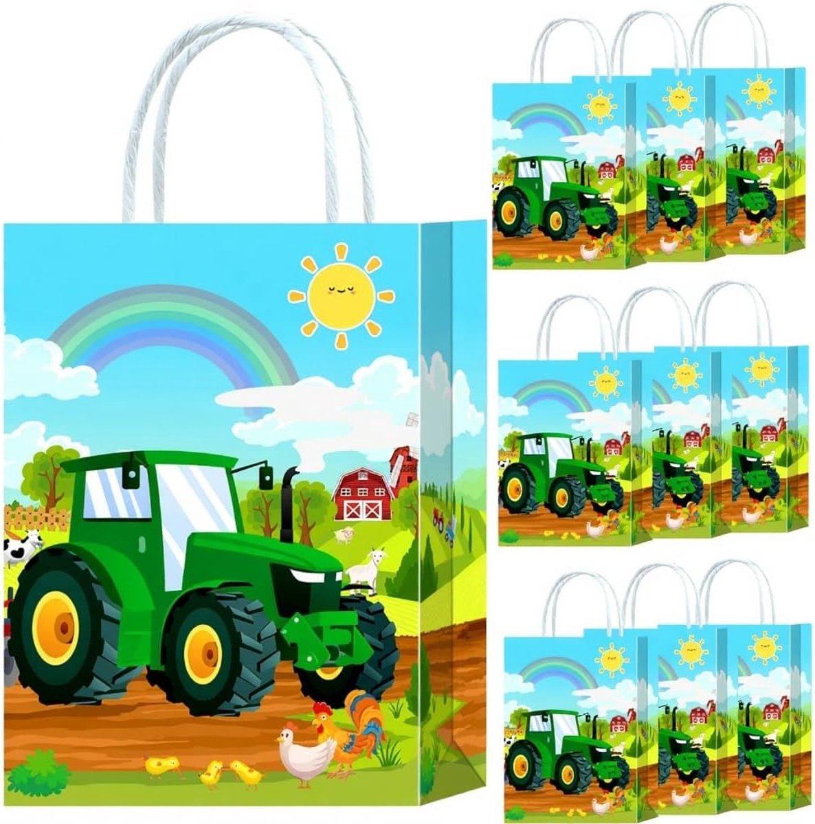 Thijox - 10 Papieren Zakjes met Handvat voor Tractorfeest, Verjaardagscadeau, Boerderijthema, Veelkleurig, 15x8x21 cm, Perfect voor Feesten en Cadeaus