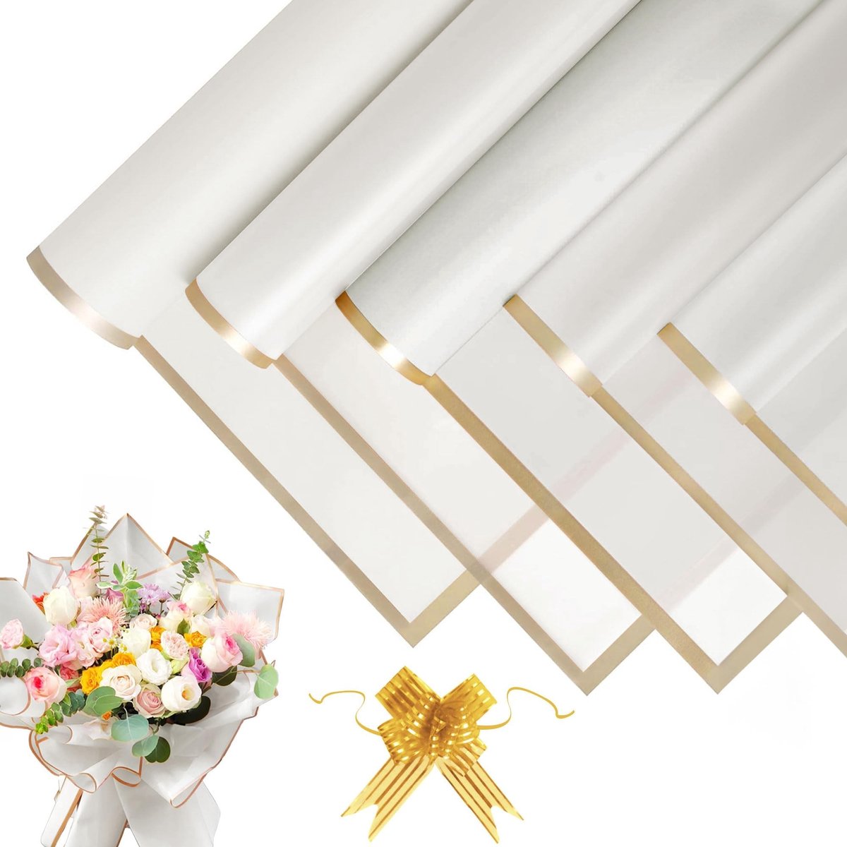 Dailygoods - Bloemverpakkingspapier - Cadeaupapier - Waterdicht - Wit Met Gouden Rand - Bloemen - Geschikt voor Boeketten en Cadeaus