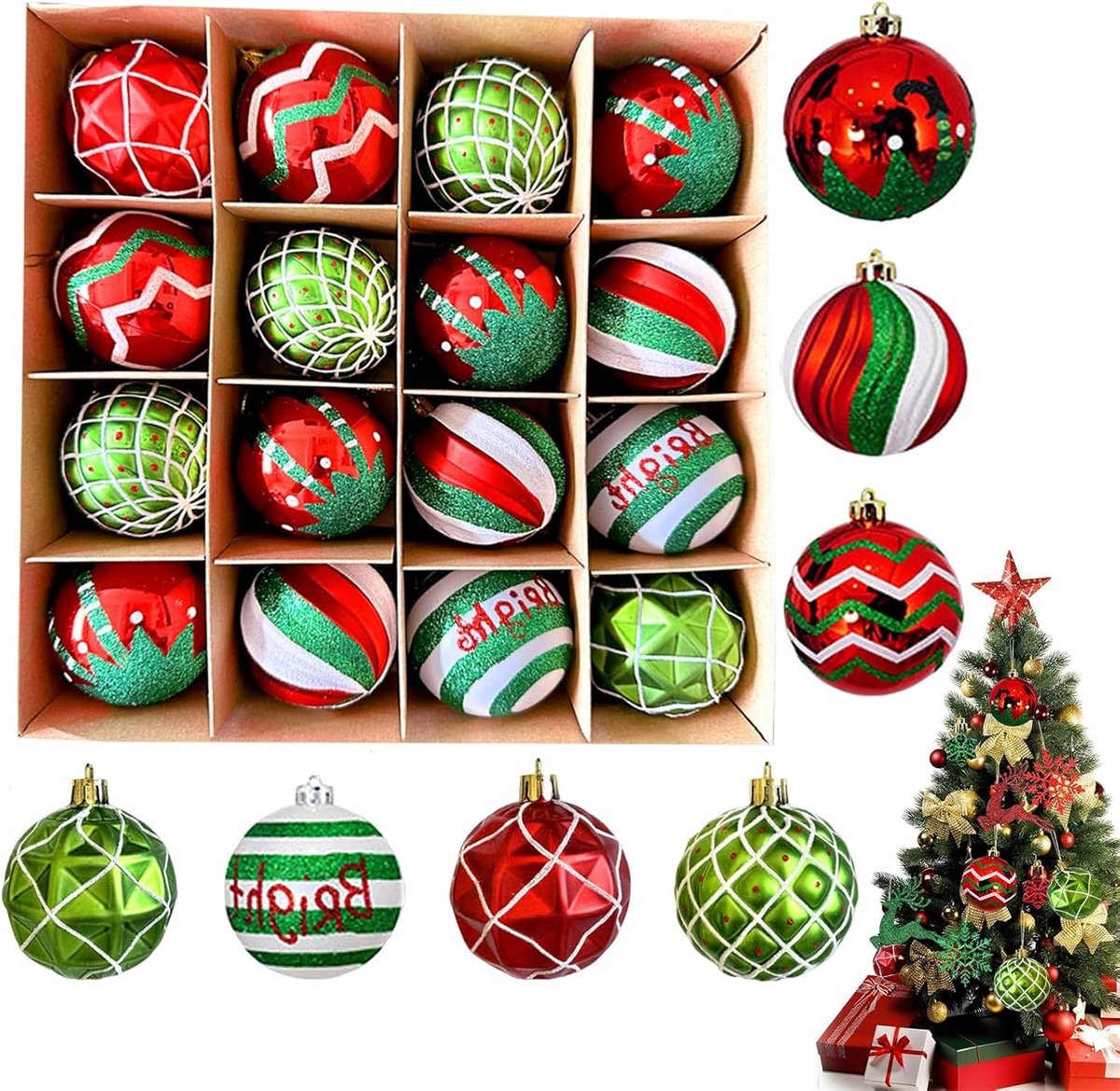 Set van 16 Plastic Kerstballen in Rood en Groen voor Feestelijke Kerstdecoratie, Glanzende Ornamenten voor de Boom