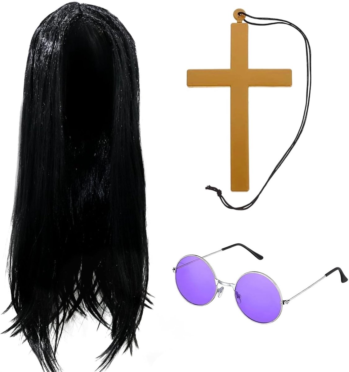 Accessoire Set voor Rockster Kostuum, Lange Zwarte Peruc, Paarse Ronde Zonnebril en Gouden Kruis, Perfect voor Halloween en Retro Feestjes in de Jaren 70 en 80