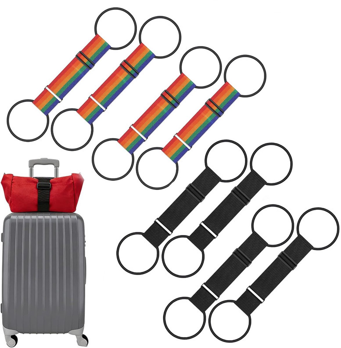 Kofferriem - 8 Stuks - Verstelbaar bagageriemen - Spanband bagage - Kofferband - Reisaccessoires - Extra Beveiliging - Reizen - Voor Koffers en Reistassen - Zwart+kleur