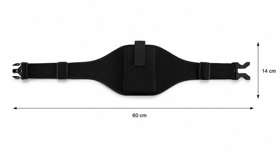 Zwarte microfoonriem met gesp, met afmetingen 60 cm lengte en 14 cm breedte.