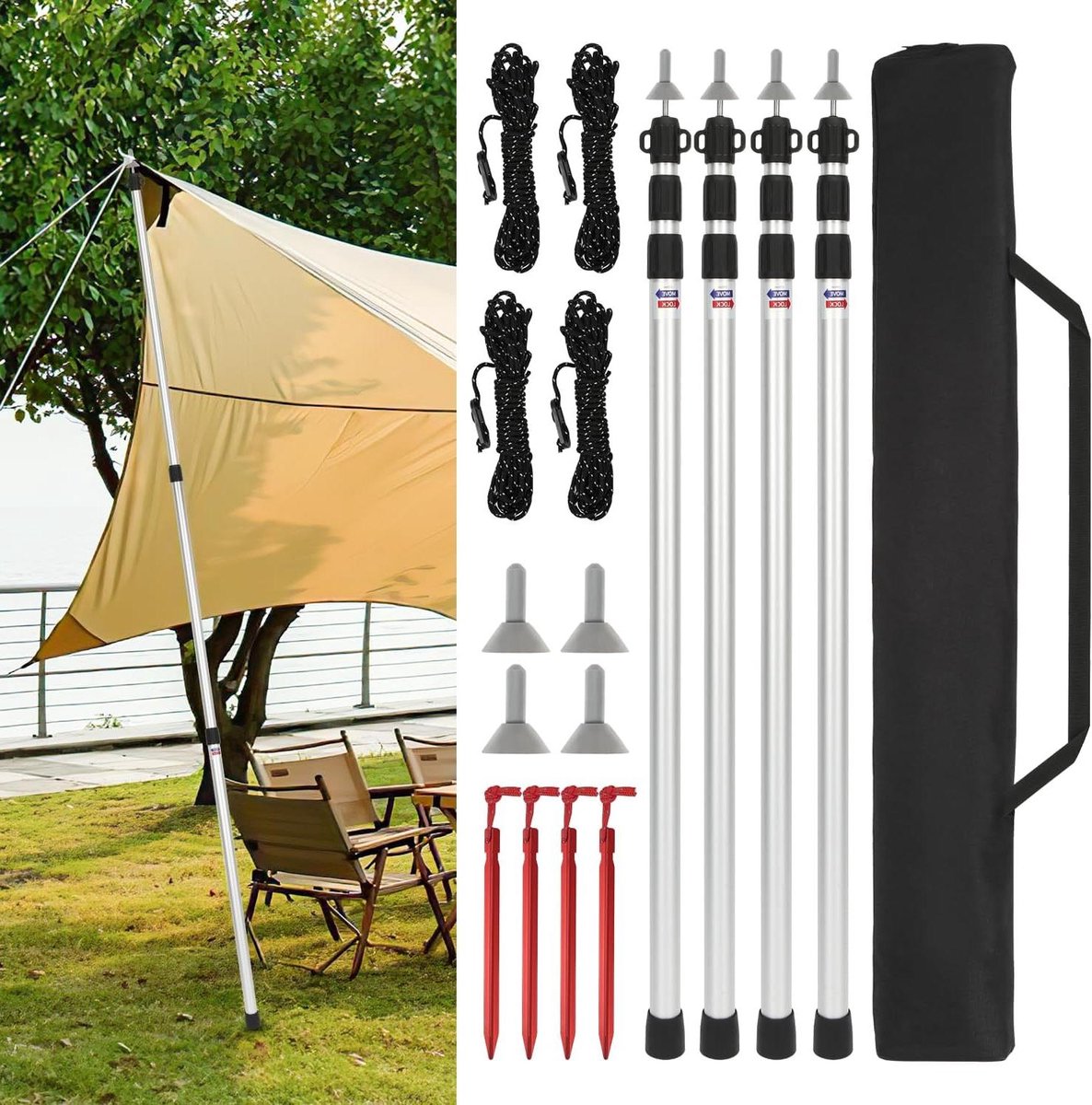Tentstokken Telescopisch - Verstelbare Stokken - Kamperen Luifel - Lichtgewicht Aluminium - 875 cm tot 2345 cm - Set van 4