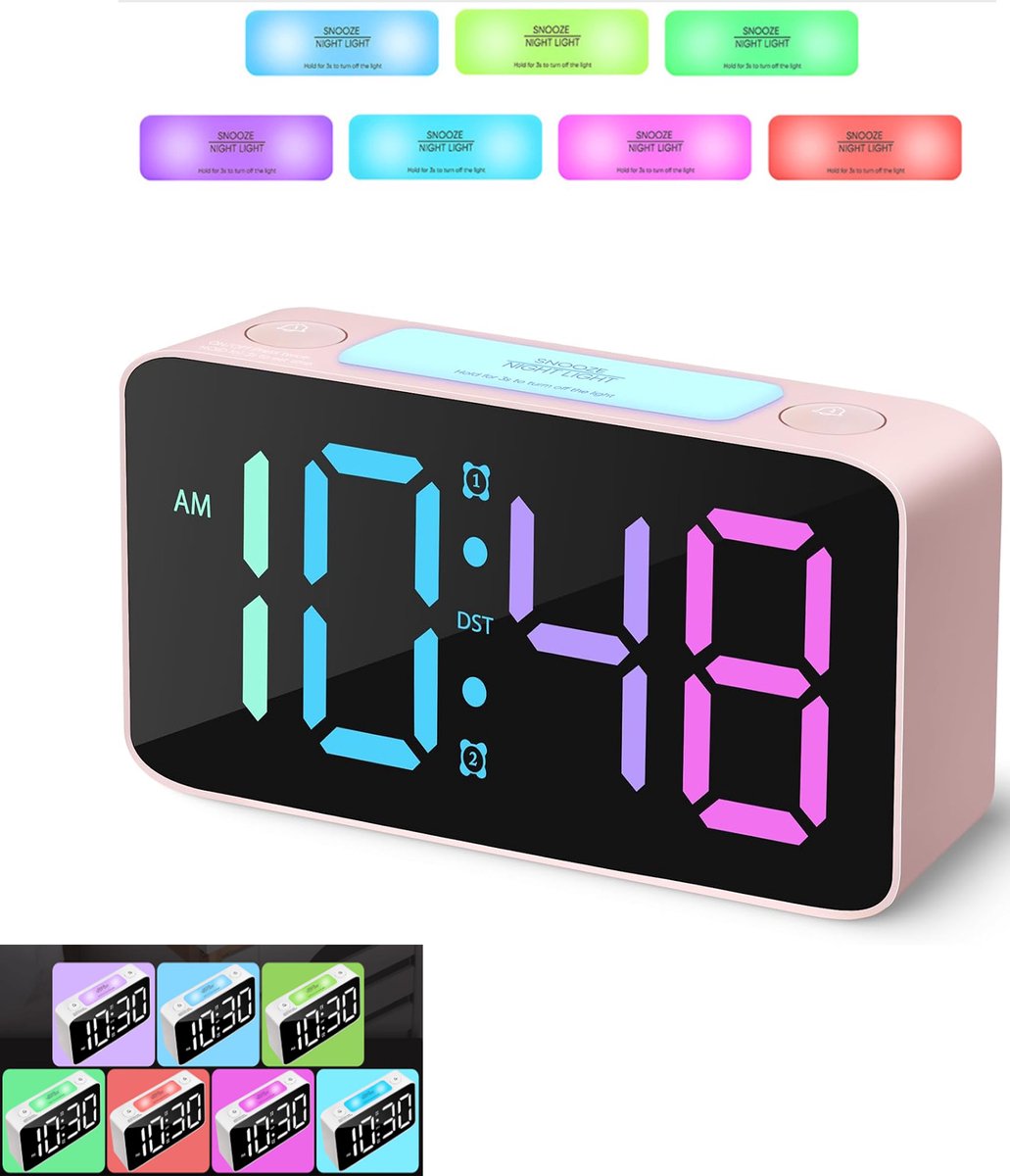 KZQ Digitale wekker met RGB-nachtlampje - Groot scherm en USB-voeding - Voor nachtkastje en bureau - Roze