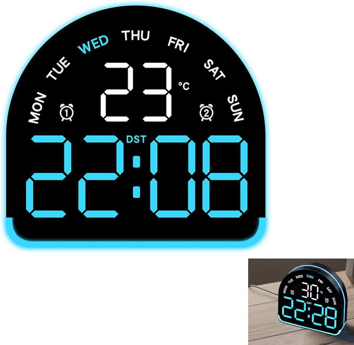 KZQ Digitale bureauwekker met sfeerverlichting - Dubbele alarmfunctie en temperatuurweergave - 3 helderheidsniveaus met datum week en snooze - Voor thuis en kantoor - Blauw