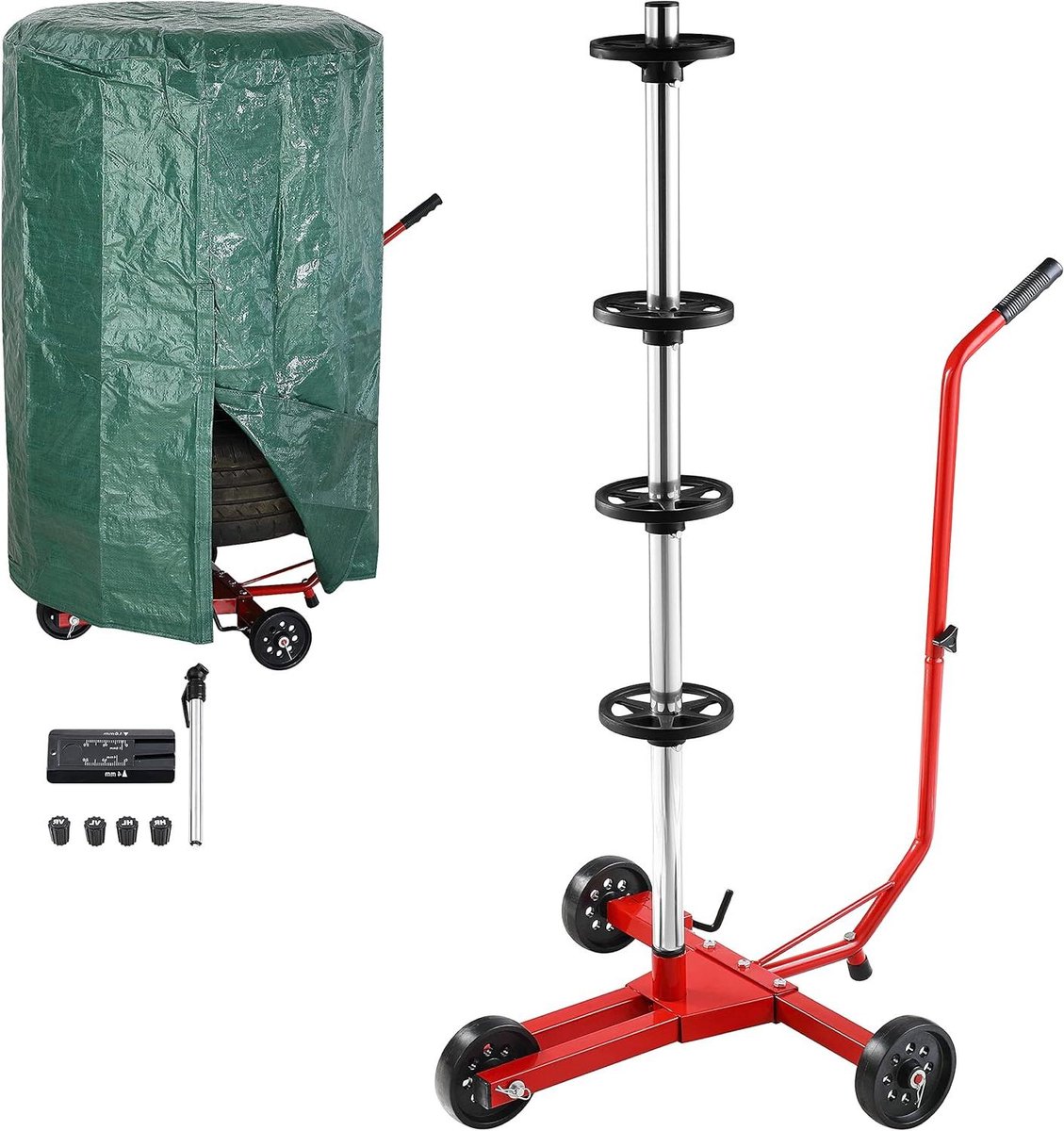 Velgenboom Verrijdbaar - Bandenhouder Rolbaar - Banden Opslaan - Met Rem en Accessoires - tot 225mm - Rood